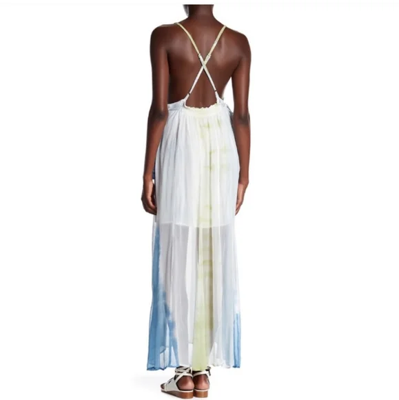 New Gypsy 05 Tie Dye Crinkle Open Back Tassel Lined Sheer Dress in ASAL SEA - Picture 3 of 5